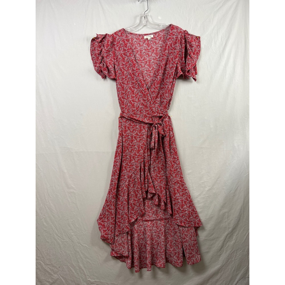 Max Studio Wrap Dress Womens S Red Floral High Low Ruffle Puff Sleeve V-Neck